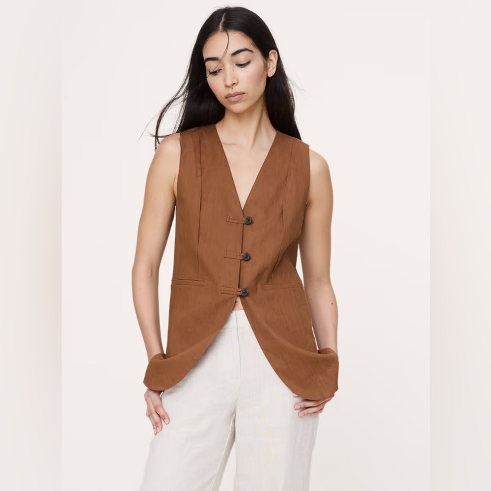 NWT! Banana Republic Brown Stretch Linen-Viscose Long Vest - Size 4 🛞